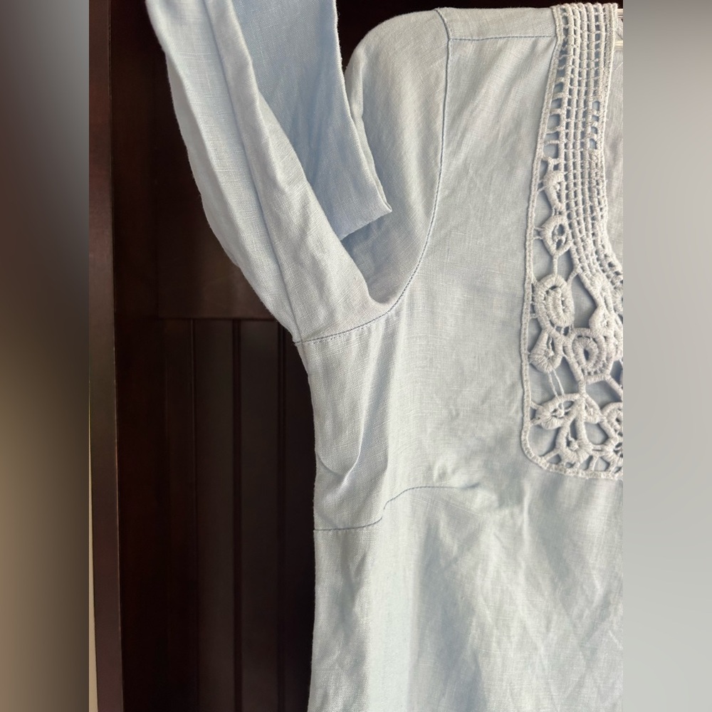 Malvin Hamburg Linen Crochet Blue 3/4 Sleeve Shift Dress Coastal Breathable Sz L - Picture 4 of 9